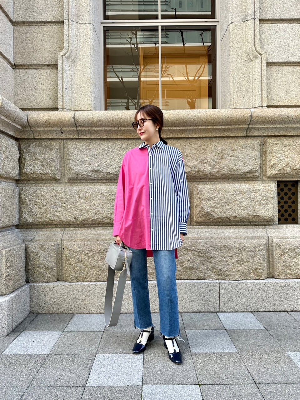 SOPHIE 配色ブラウス NAVY STRIPE×PINK