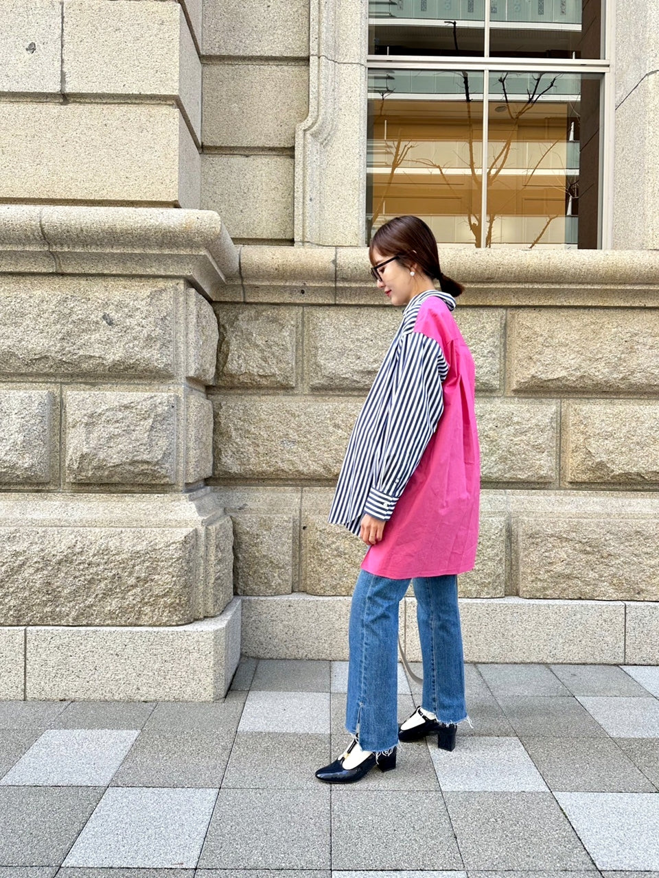 SOPHIE 配色ブラウス NAVY STRIPE×PINK