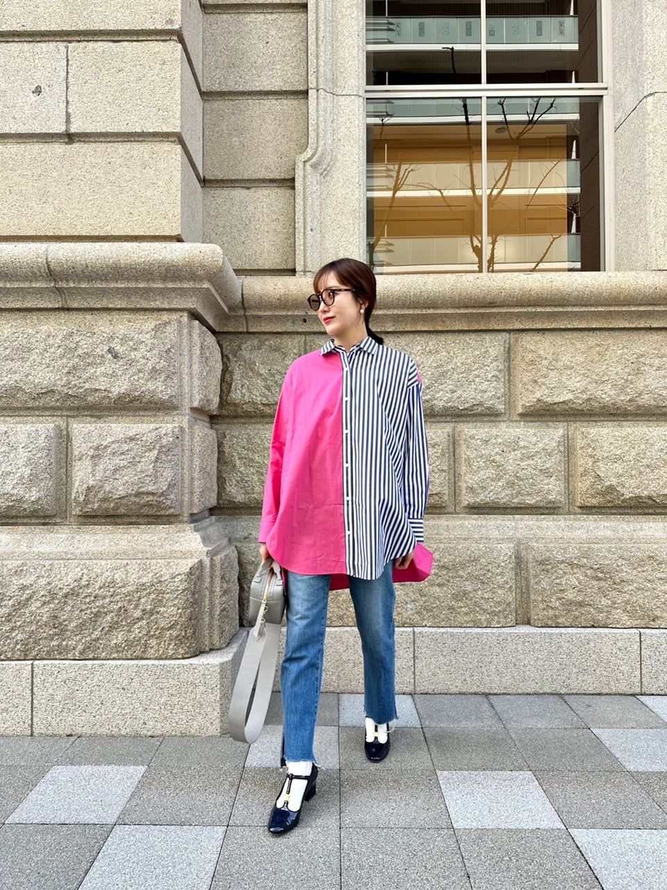 SOPHIE 配色ブラウス NAVY STRIPE×PINK