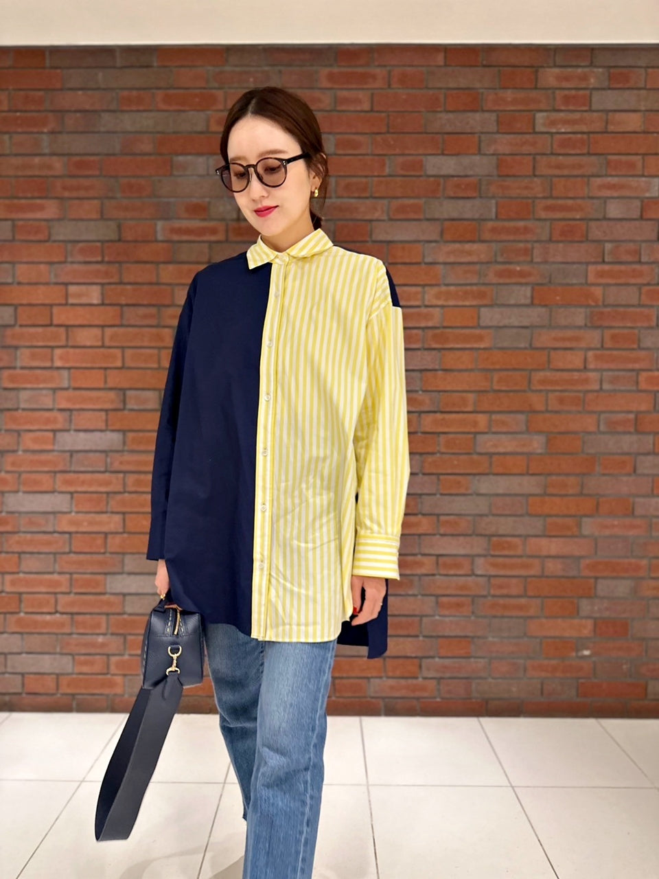 SOPHIE 配色ブラウス NAVY STRIPE×PINK