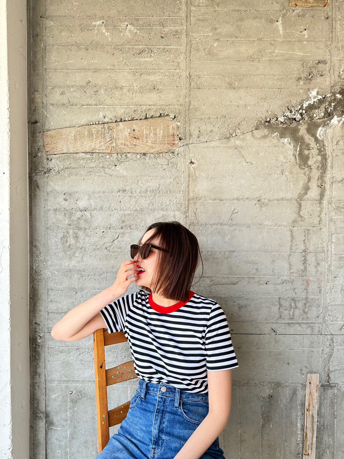 COULEUR クルーネックボーダーカットソーBLACK×RED(LADIES SIZE)
