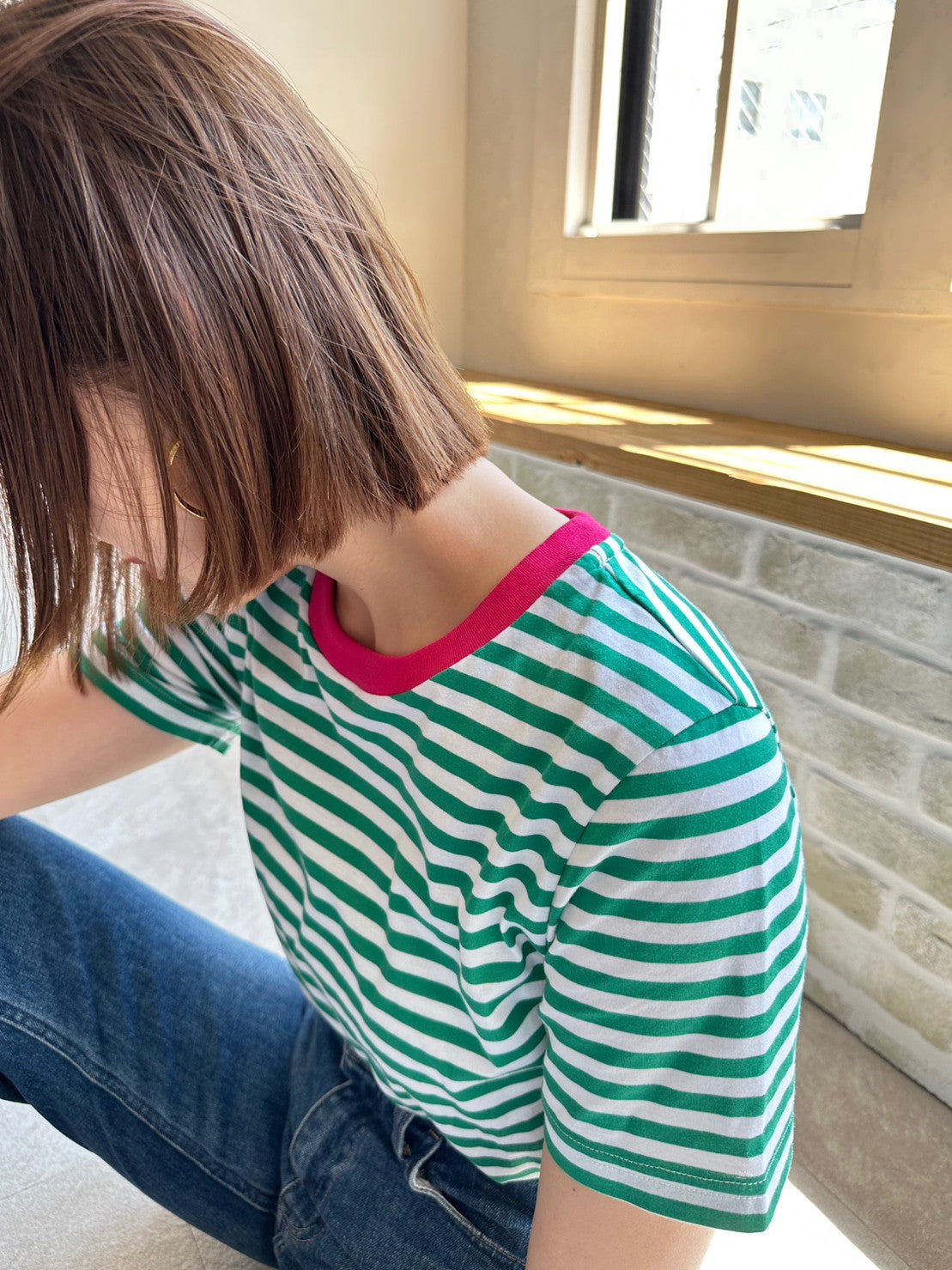 COULEUR クルーネックボーダーカットソーGREEN×PINK(LADIES SIZE)