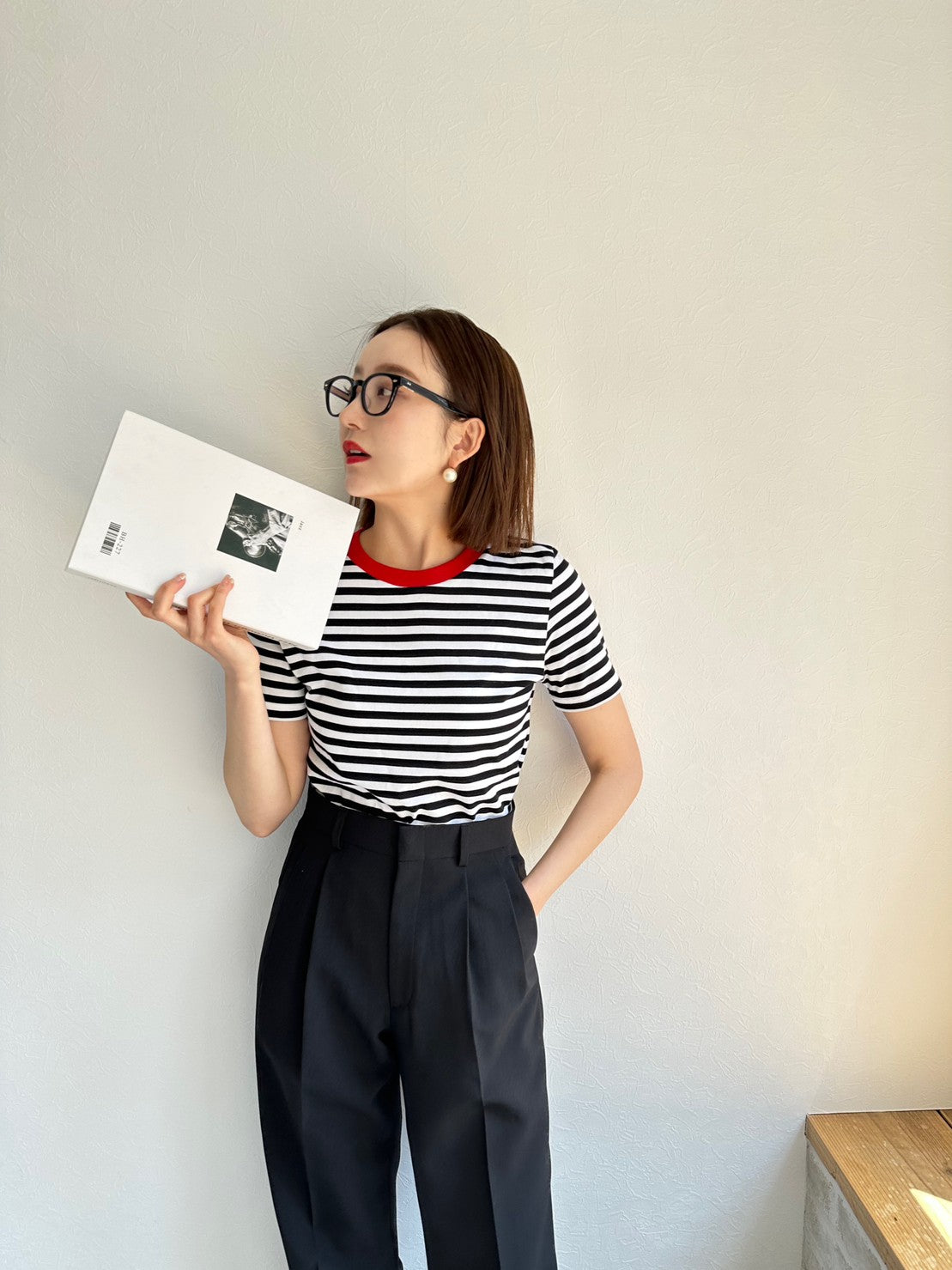 COULEUR クルーネックボーダーカットソーBLACK×RED(LADIES SIZE)