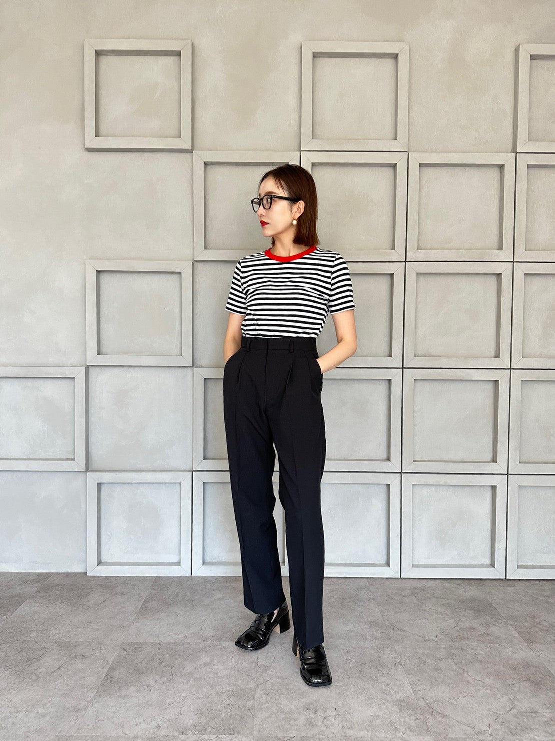 COULEUR クルーネックボーダーカットソーBLACK×RED(LADIES SIZE)