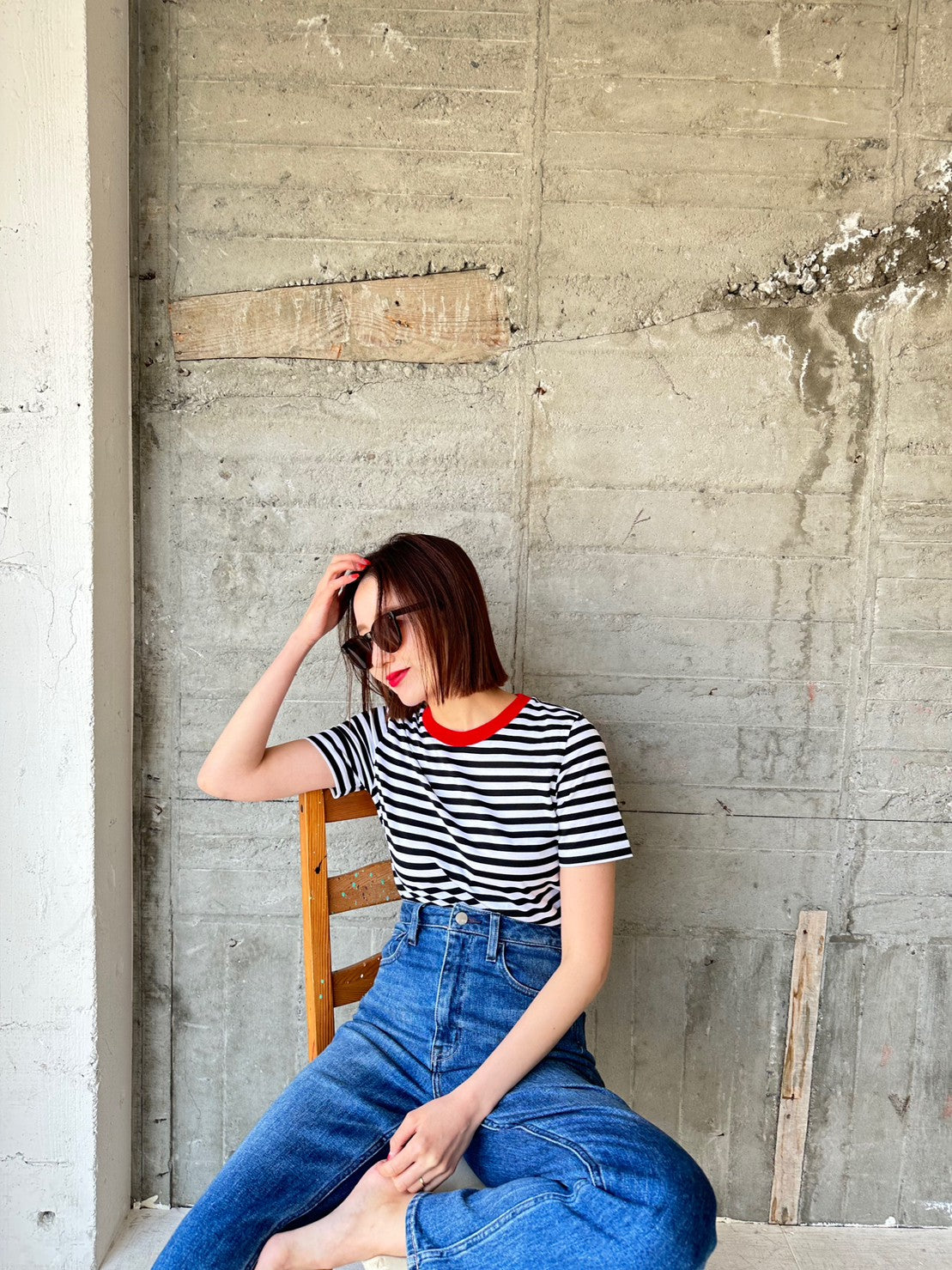 COULEUR クルーネックボーダーカットソーBLACK×RED(LADIES SIZE)