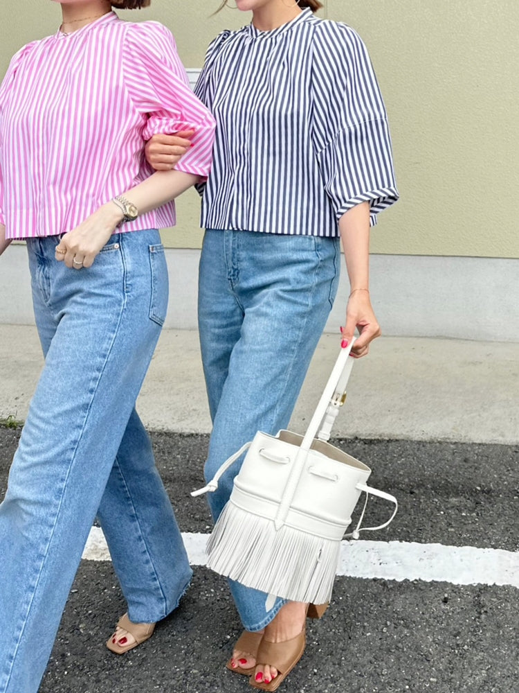 CAMILLE パフスリーブストライプシャツ NAVY