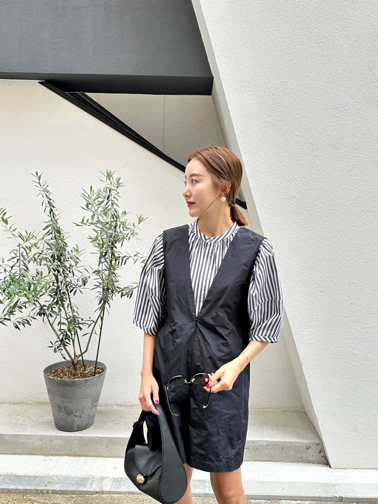 CAMILLE パフスリーブストライプシャツ NAVY