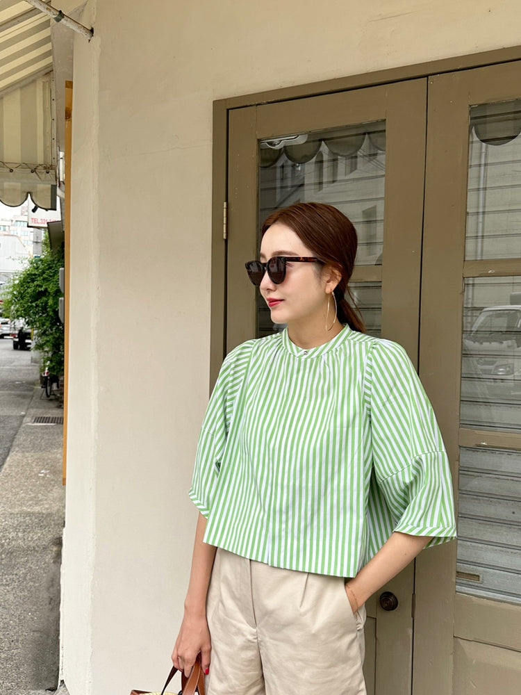 CAMILLE パフスリーブストライプシャツ GREEN
