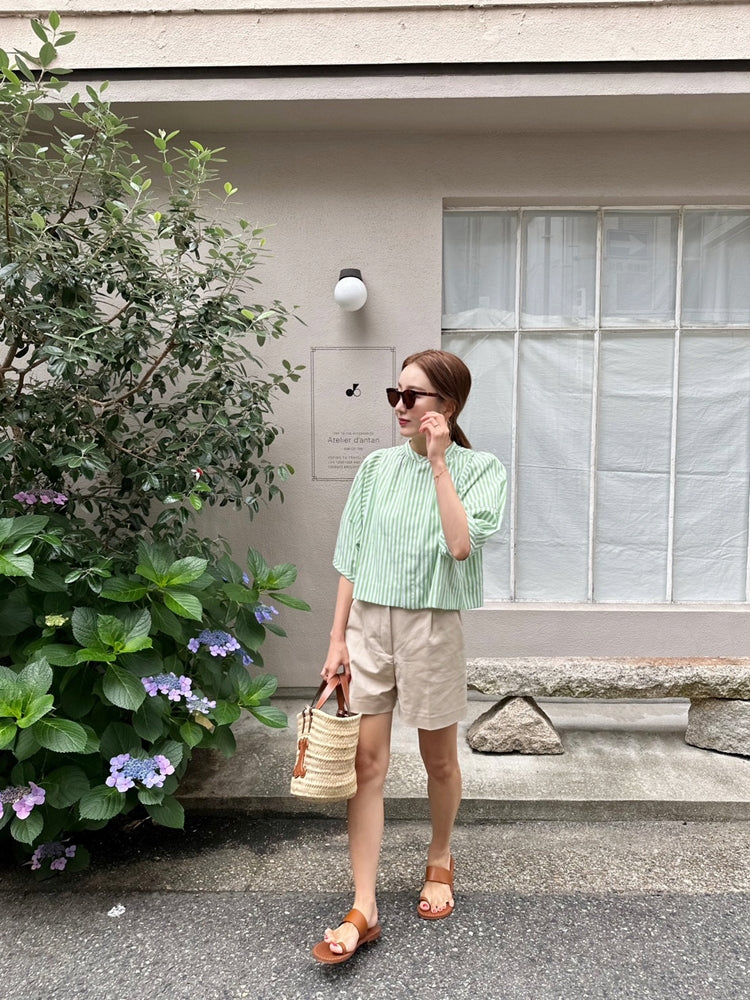 CAMILLE パフスリーブストライプシャツ GREEN