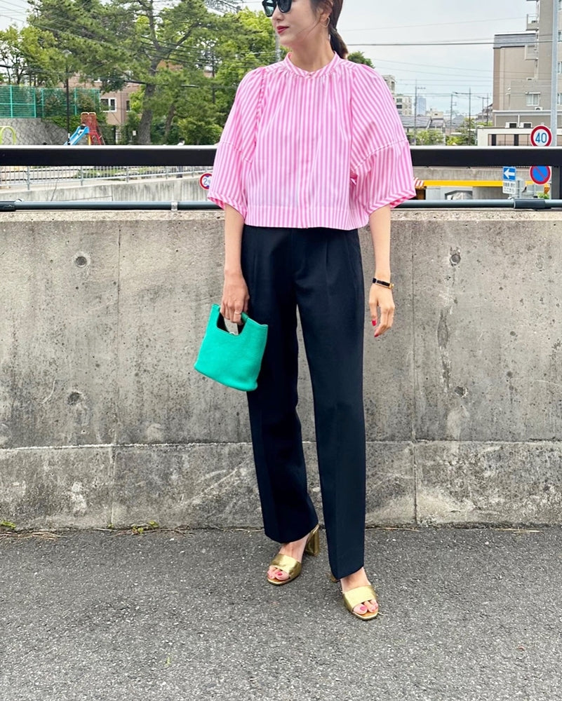 CAMILLE パフスリーブストライプシャツ NAVY