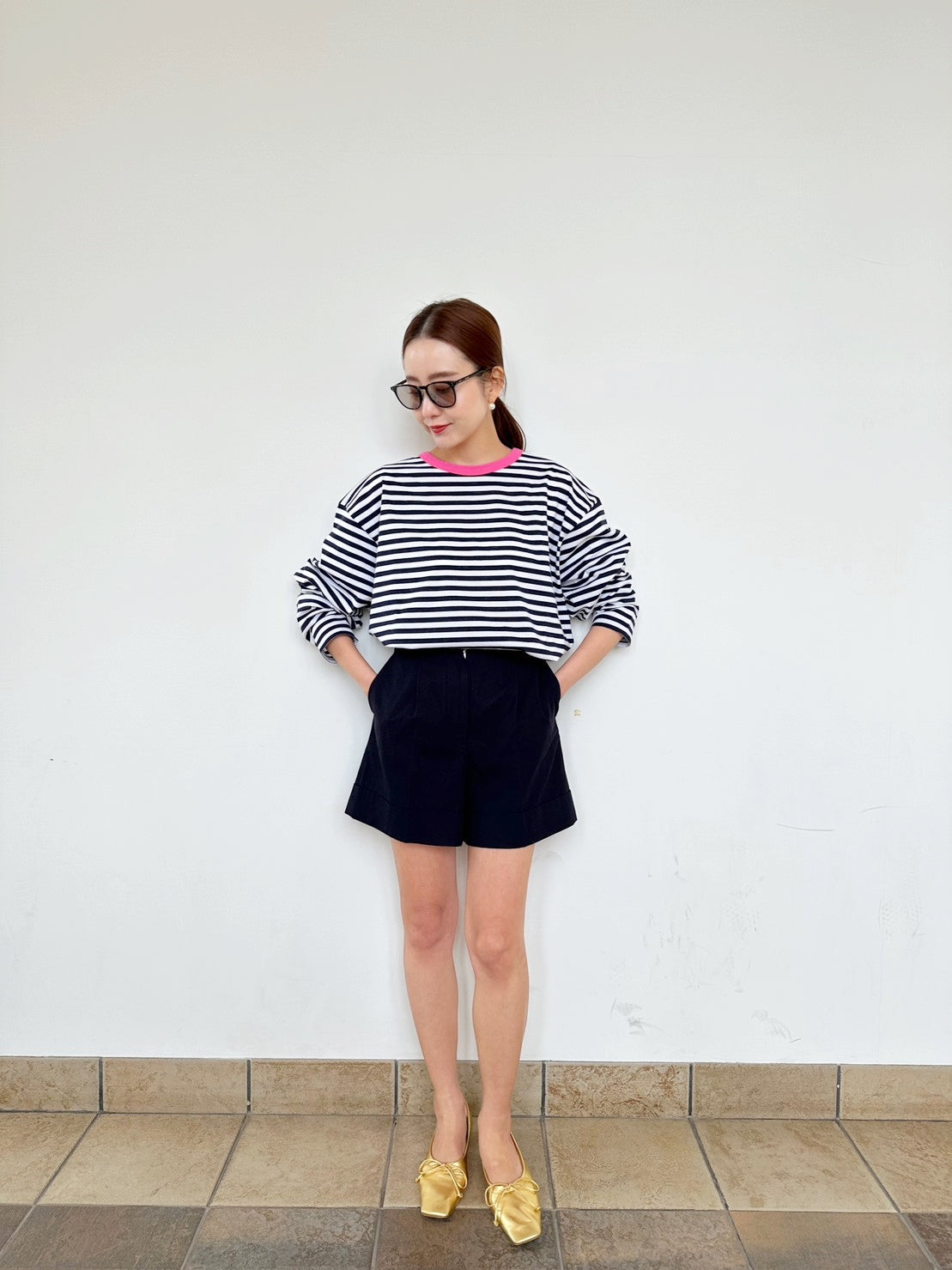 COULEUR クルーネックボーダーカットソーNAVY×PINK(UNISEX SIZE)