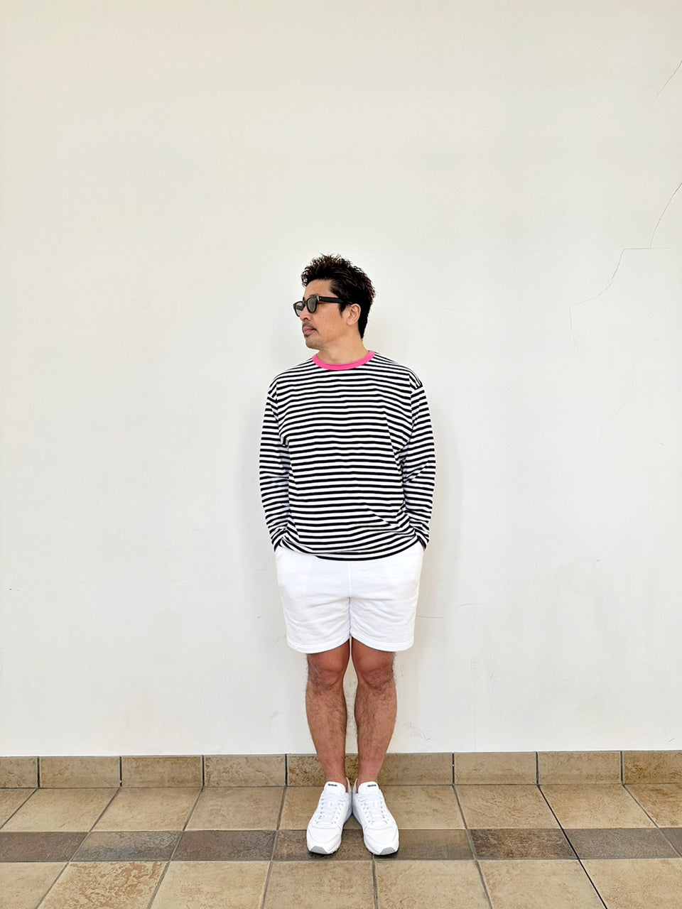 COULEUR クルーネックボーダーカットソーNAVY×PINK(UNISEX SIZE)