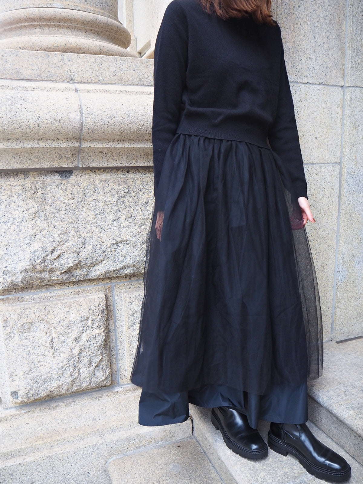 VOLER チュール付きニット BLACK