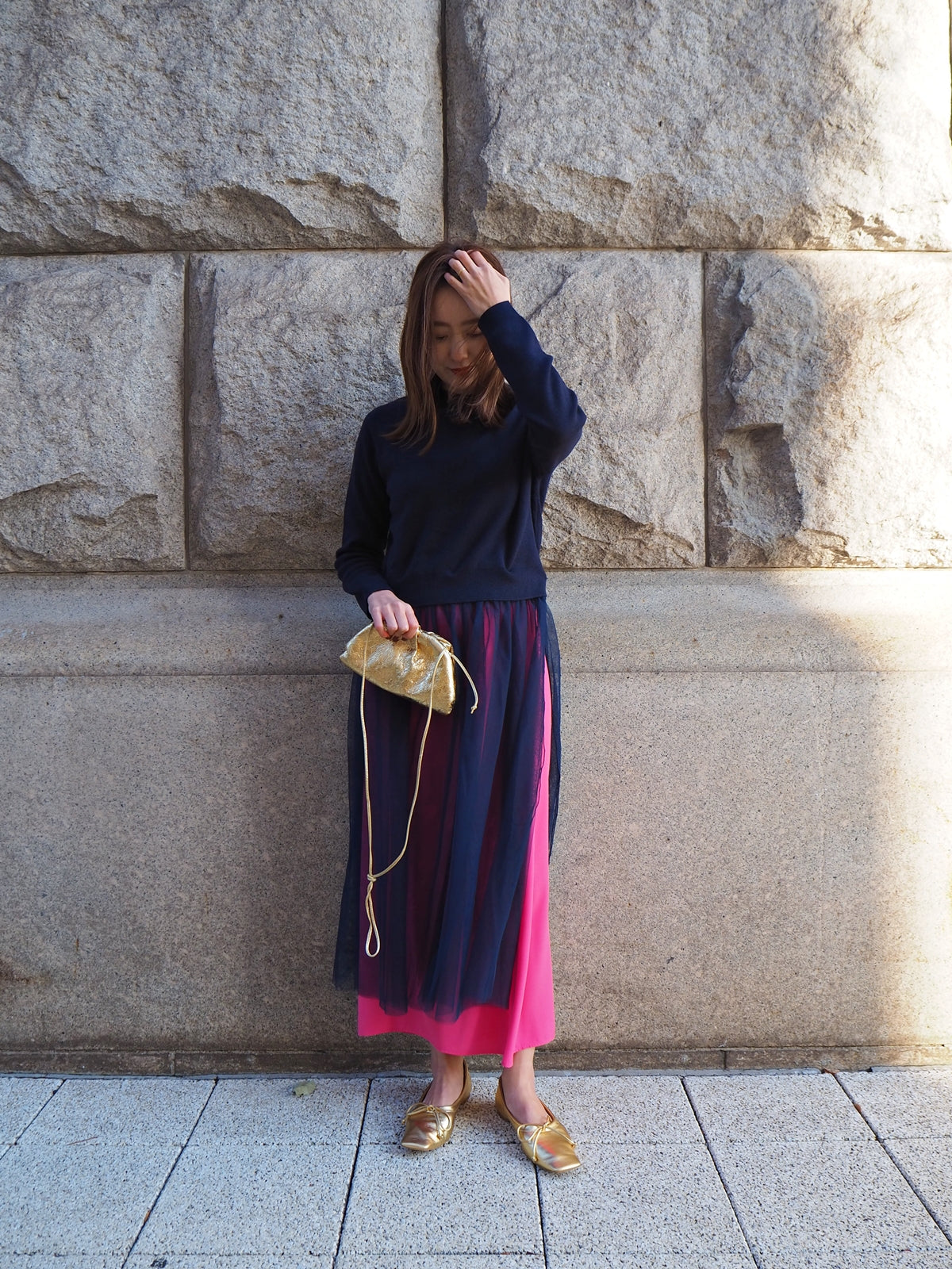 VOLER チュール付きニット NAVY