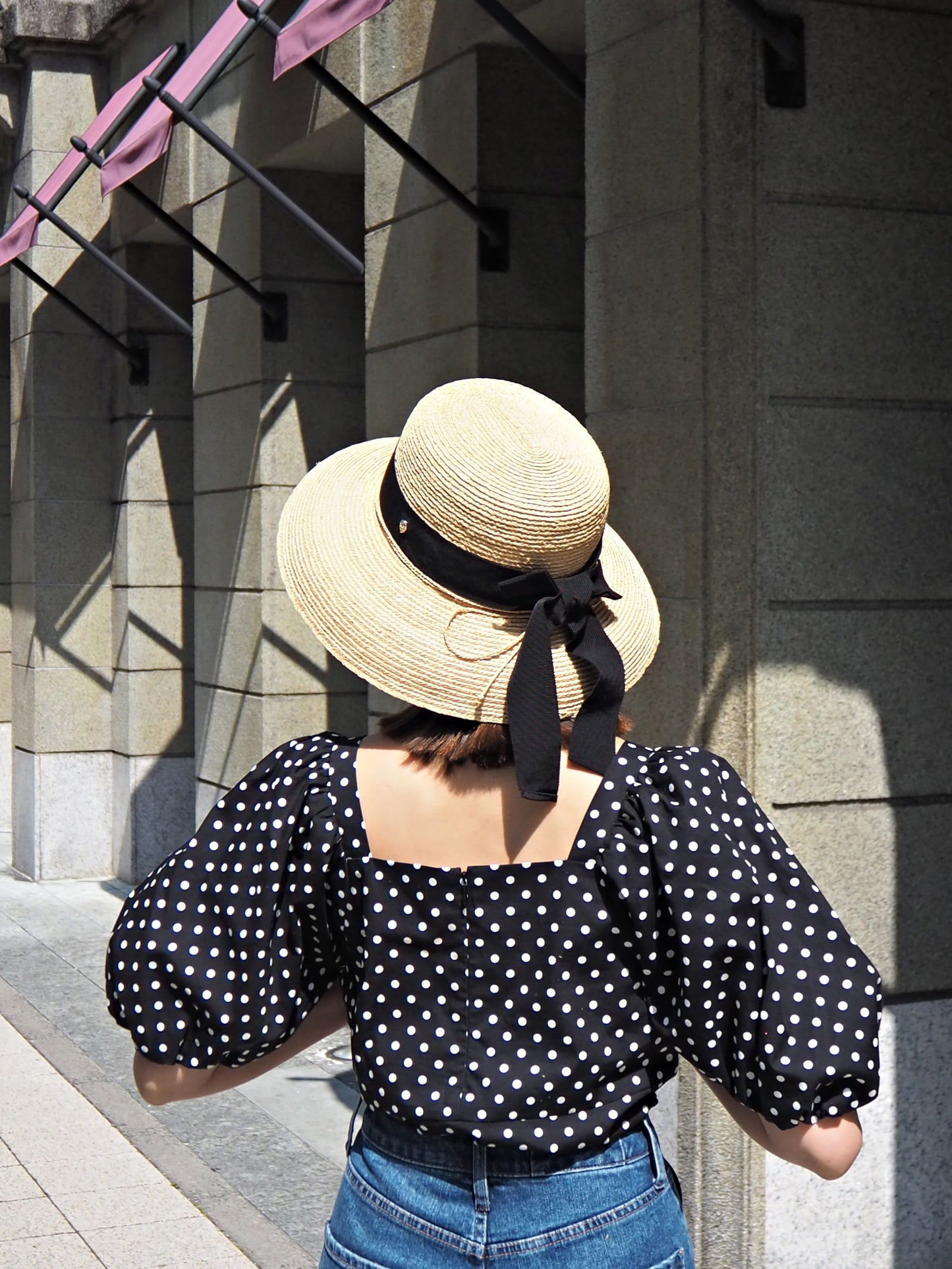 POIS パフスリーブドットブラウス BLACK