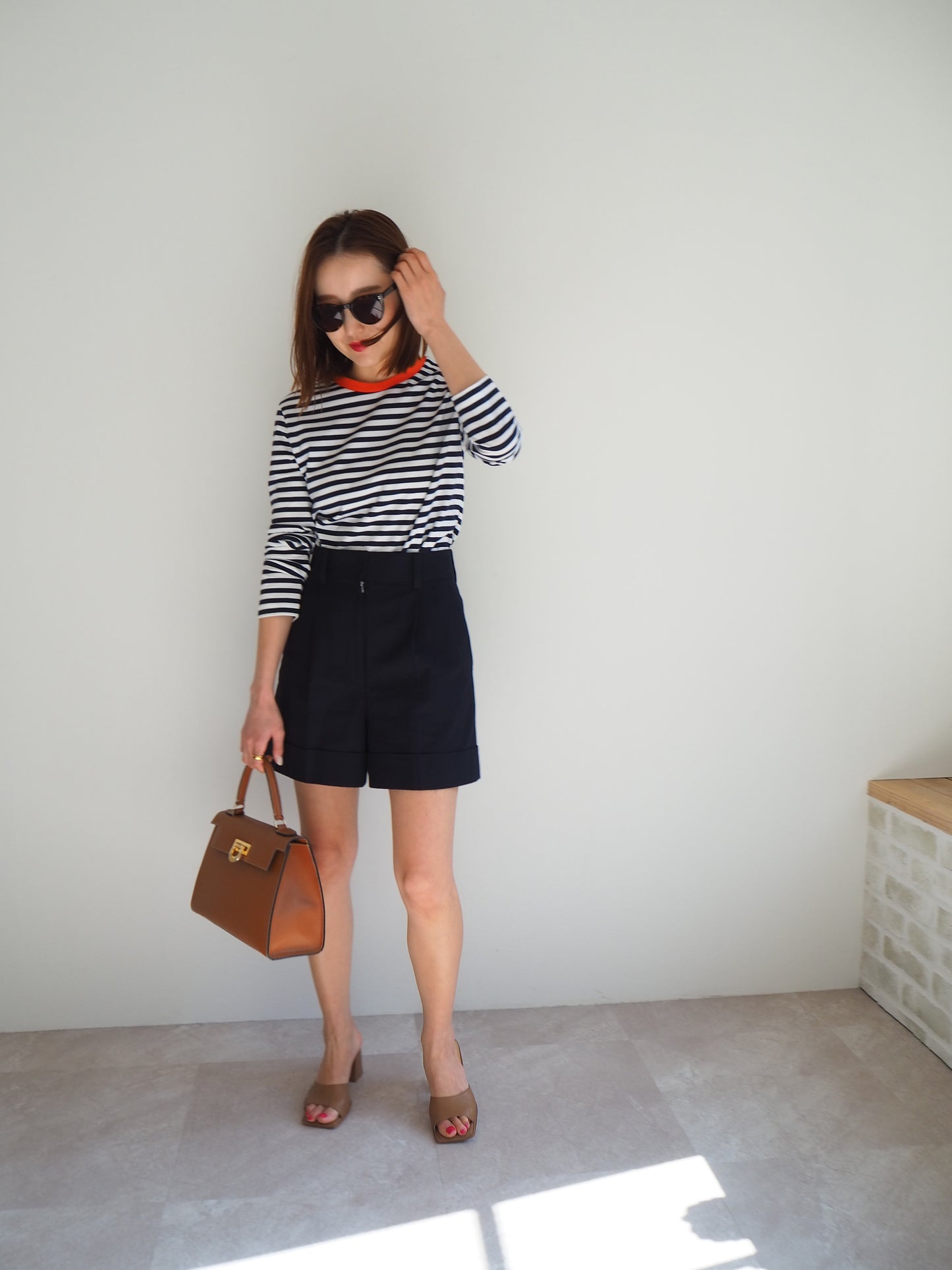 COULEUR クルーネックボーダーカットソーNAVY×ORANGE