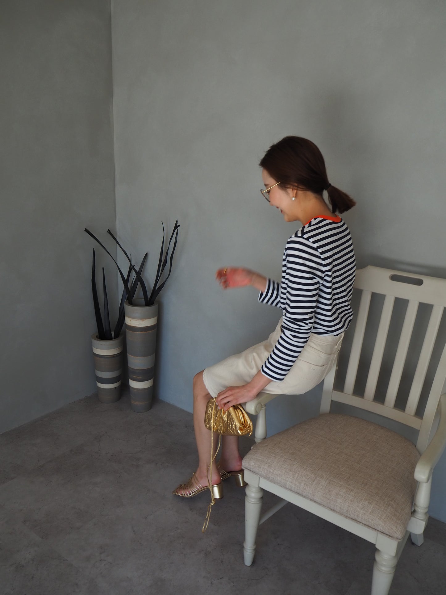 COULEUR クルーネックボーダーカットソーNAVY×ORANGE
