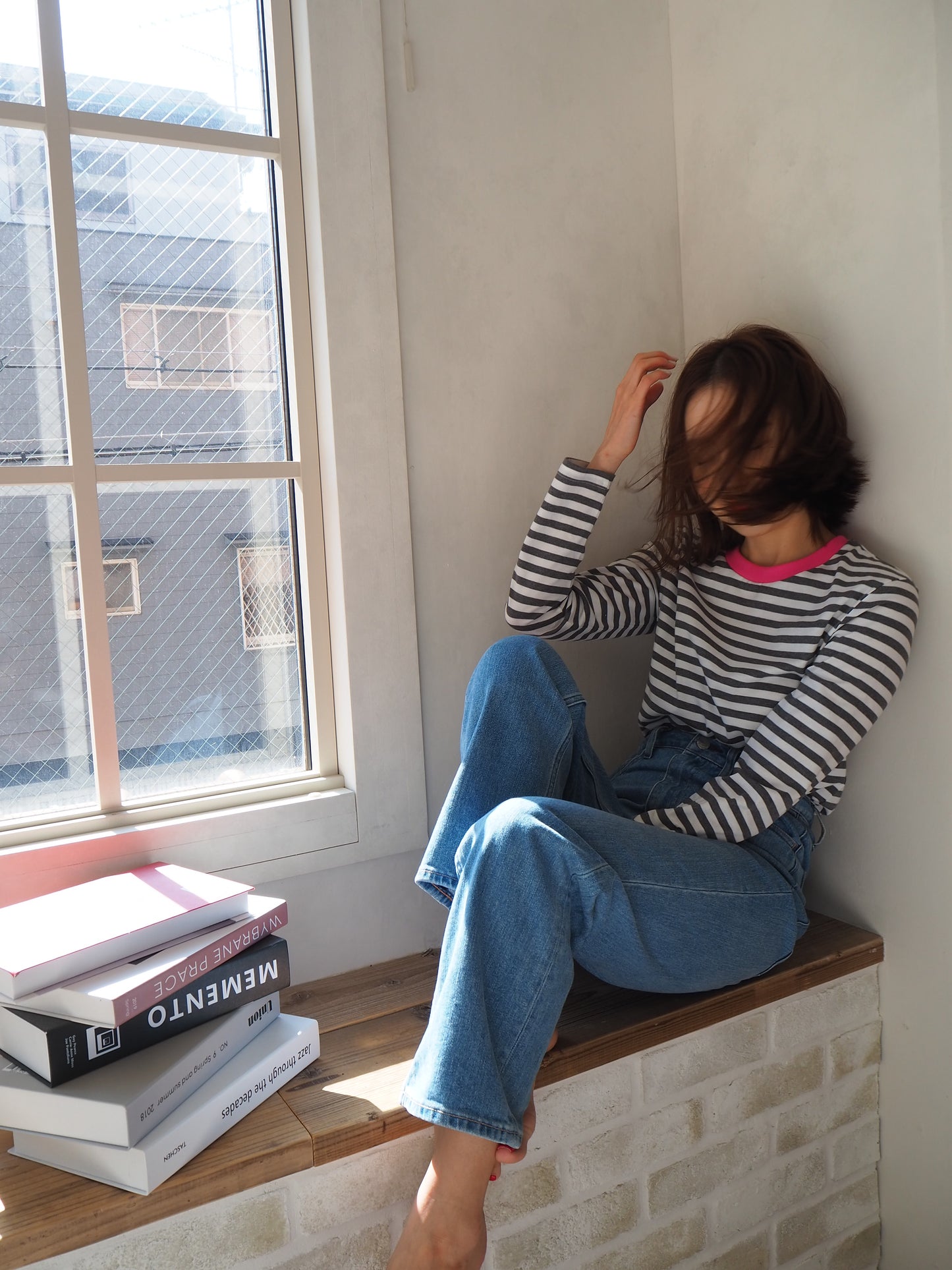 COULEUR クルーネックボーダーカットソーGRAY×PINK