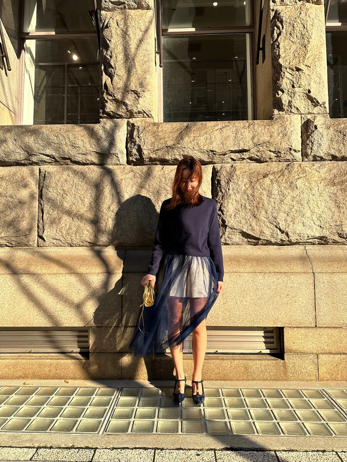 VOLER チュール付きニット NAVY